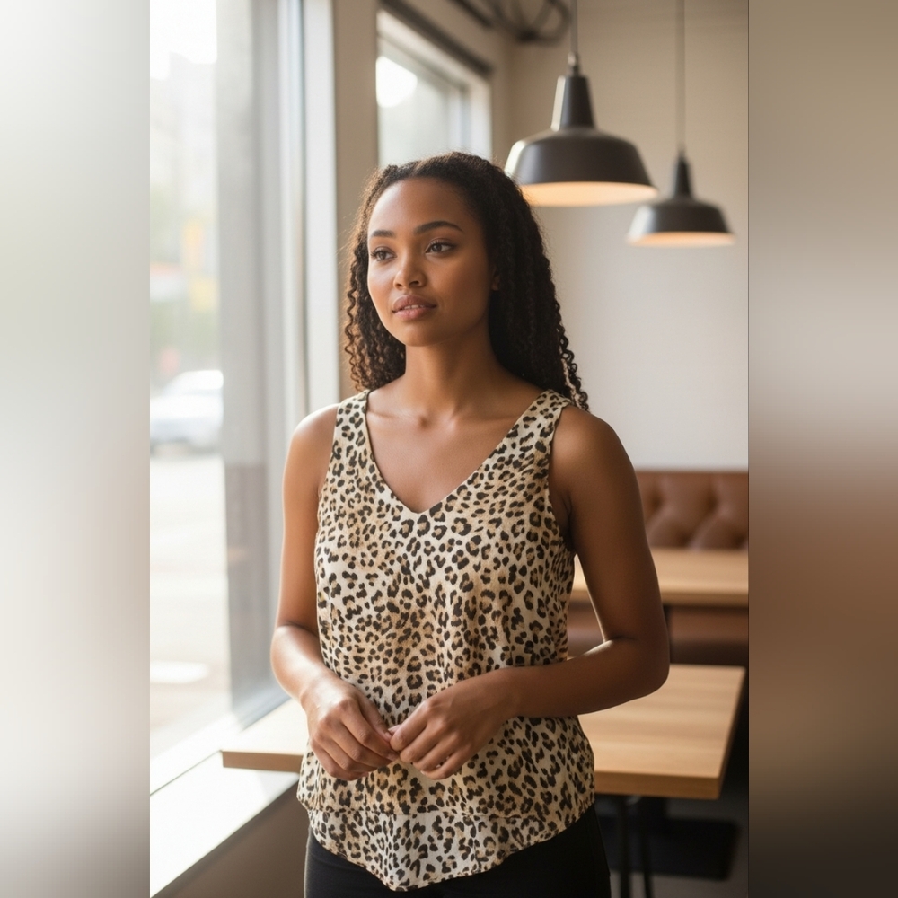 Everly Women's M Leopard Print V-neck Tank Top Blouse Statements Preppy
